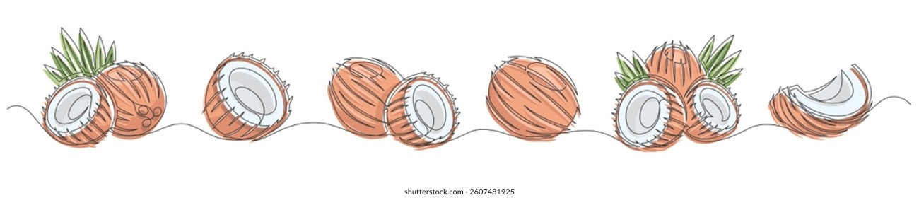 Coconut brown continuous one line drawing set isolated on a white background. Horizontal banner. Outline coconut fruit collections. Editable stroke. Vector illustration