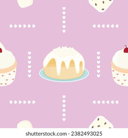 A coconut bun cake, cream cupcake with cherry, mini cakes, and white mini hearts are designed and placed on a sweet pink background, for patterning projects such as fabrics and gift wrapping papers.