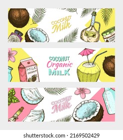Coconut cards. Palm leaf, Milk packaging, glass bottle, butter, cosmetic cream jar, cocktail with umbrella. Poster or banner. Vintage style. Tropical food illustration