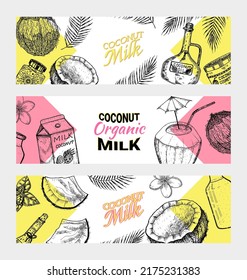 Tarjetas de coco. Hojas de palma, Empaque de leche, botella de vidrio, mantequilla, tarro de crema cosmética, cóctel con paraguas. Afiche o pancarta. Estilo vintage. Ilustración alimentaria tropical