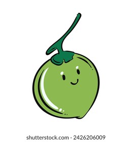 Coconut cartoon. Coconut cartoon character design. Coconut on white background. for poster, banner, web, icon, mascot, background. Hand drawn. Healthy vegetarian food. Vector illustration