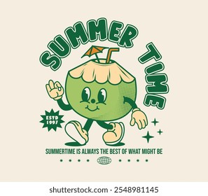 coconut cartoon character illustration in vintage style for t shirt, sticker, poster, print design and other uses.