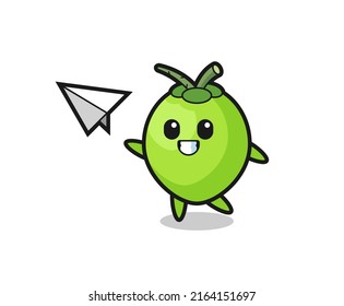 coconut cartoon character throwing paper airplane , cute style design for t shirt, sticker, logo element
