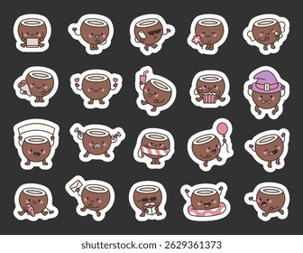 Coconut cartoon characters in kawaii style working waving smiling eating reading running celebrating and showing emotions with accessories costumes and props