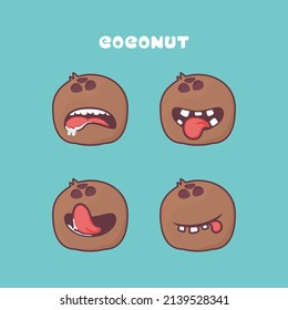 coconut cartoon. fresh fruit vector illustration. with different mouth expressions. cute cartoon