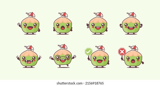 Coconut cartoon. fresh fruit vector illustration. with different faces and expressions. cute cartoon