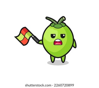 coconut cartoon as the line judge hold the flag up at a 45 degree angle
