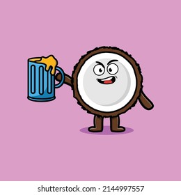 Coconut cartoon mascot character with beer glass and cute stylish design
