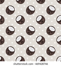 Coconut Cartoon Seamless Pattern with Heart Polka