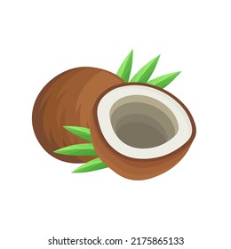 Coconut Cartoon Set Vektorgrafik. Halbe Kokosnuss mit Blättern. Einzeln auf weißem Hintergrund.