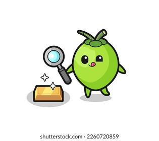 coconut character is checking the authenticity of the gold bullion