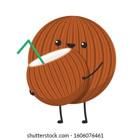 Coconut character design. Coconut vector. Coconut on white background. Straw vector. Straw in Coconut.