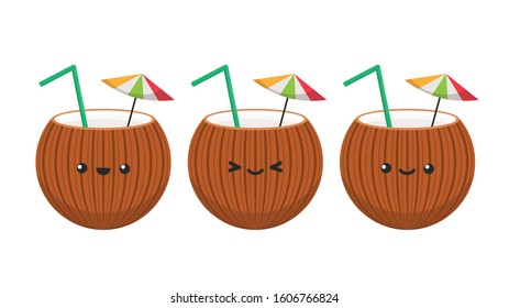 Coconut character design. Coconut vector. Coconut on white background. Straw vector. Straw in Coconut.