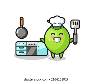 coconut character illustration as a chef is cooking , cute style design for t shirt, sticker, logo element
