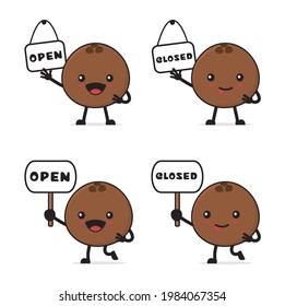 coconut character. with open and close signs