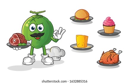 coconut chef with many types of food cartoon. including cheese, burgers, cupcakes, chicken and beef. cartoon mascot vector