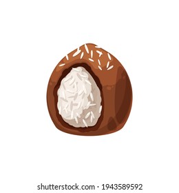 Coconut chocolate candy isolated sweet food. Vector tasty dessert, sweets with coco sprinkles, confectionery product in realistic design. Homemade chocolate treat with exotic nut filling