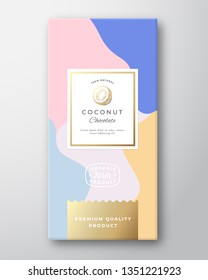 Coconut Chocolate Label. Abstract Vector Packaging Design Layout with Soft Realistic Shadows. Modern Typography, Hand Drawn Coco Nut Silhouette and Colorful Background. Isolated.