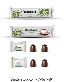 Coconut chocolate package mock up. Layout of food identity branding, packaging design. Healthy organic product, natural vegan nutrition vector illustrations