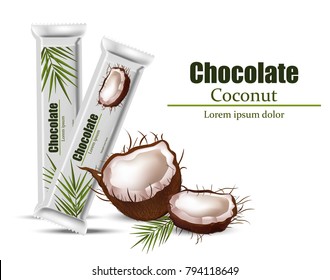 Coconut chocolate package mock up. Vector Layout of food identity branding, packaging design. Healthy organic product, natural vegan nutrition vector illustrations