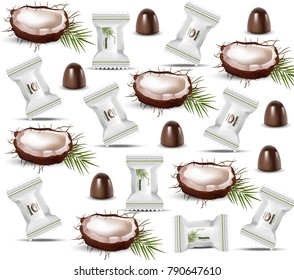 Coconut chocolate pattern. Vector packaging design. Healthy organic product, natural vegan nutrition vector illustrations