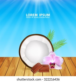 Coconut with chocolate pieces and orchid flower on wooden surface. EPS10 vector