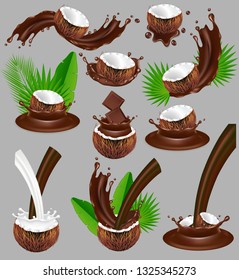 Coconut in chocolate splash. Vector realistic illustration. Nuts with chocolate splashing and pouring, palm leaves.