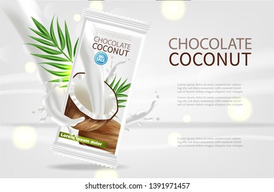 El Vector de chocolate de coco es una burla realista. Diseño de etiquetas de embalaje de producto. 3d ilustraciones detalladas