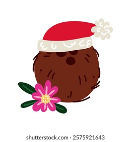 Coconut in a Christmas hat with a tropical flower. A tropical Christmas. coconut decoration for Christmas and New Year. A holiday on the beach. A group of items for tropical postcards