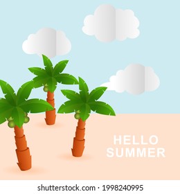 COCONUT AND CLOUDS, HELLO SUMMER BACKGROUND, VECTOR ILLUSTRATION.