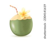 Coconut cocktail 3d vector illustration. Tropical drink with straw for drinking on beach in cartoon style isolated on white background. Summer, tourism, vacation, travel concept