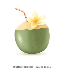 Ilustración vectorial 3d de coctel de coco. Bebida tropical con paja para beber en la playa al estilo de las caricaturas aislada de fondo blanco. Verano, turismo, vacaciones, concepto de viajes