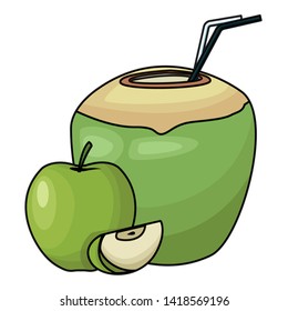 Coconut cocktail and apple slices vector illustration graphic design
