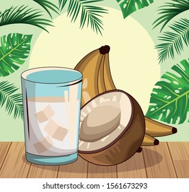 coconut cocktail and bananas over tropical leaves and retro style background, colorful design , vector illustration