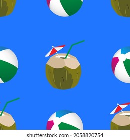 Coconut cocktail and beach ball seamless pattern background flat illustration vector.