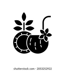 Coconut cocktail black glyph icon. Beach vacation. Pina colada. Tropical drink. Garnishing with coconut flakes. Ingredients blending. Silhouette symbol on white space. Vector isolated illustration