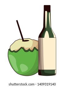 coconut cocktail and bottle icon cartoon vector illustration graphic design