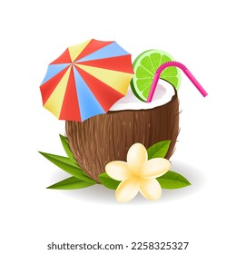 Coconut cocktail. Cocos nut half with lime slice umbrella straw, flower beach bio drink cartoon vector illustration, tropical coco coctails drinks smoothie juice graphic isolated