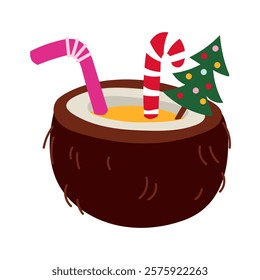 Coconut cocktail in coconut is decorated with a caramel stick, a straw and a Christmas and New Year tree. Pinacolada. Alcoholic and non-alcoholic beverages. Tropical holidays in winter holidays