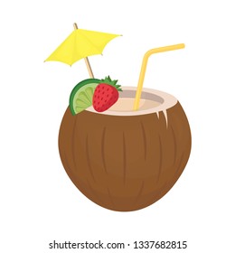 Coconut cocktail decorated with strawberries, lemon slice, yellow straw tube and umbrella isolated on white background-vector graphics