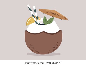 A coconut cocktail decorated with an umbrella, fruits, and flowers