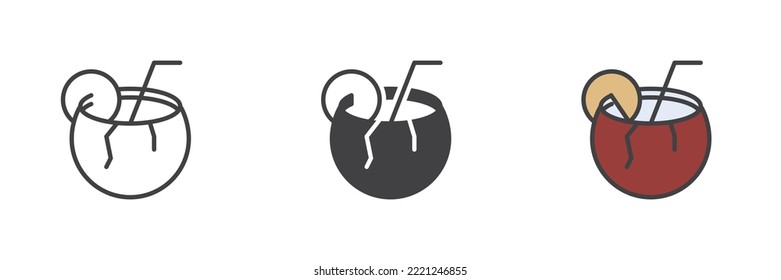 Coconut cocktail different style icon set. Line, glyph and filled outline colorful version, outline and filled vector sign. Pina colada symbol, logo illustration. Vector graphics