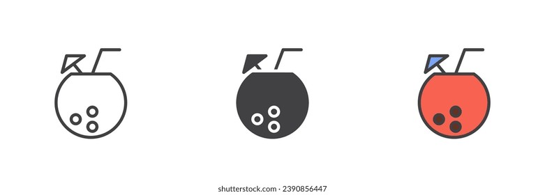 Coconut cocktail different style icon set. Line, glyph and filled outline colorful version, outline and filled vector sign. Symbol, logo illustration. Vector graphics
