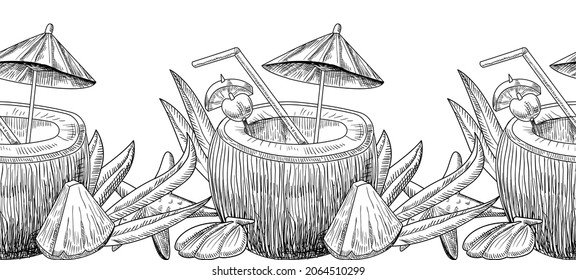 Coconut Cocktail Doodle Hand Drawn Monochrome Drawing. Summer Refreshing Drink in Nut Shell with Straw, Cherry and Lemon Slice with Umbrella. Engraved Tropical Beverage. Vector Line Art Illustration
