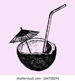 Coconut cocktail, doodle style, hand drawn, vector illustration