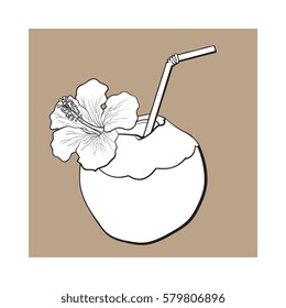 Coconut cocktail, drink decorated with hibiscus flower, summer vacation attribute, sketch vector illustration isolated on brown background.
