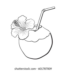 Coconut cocktail, drink decorated with hibiscus flower, summer vacation attribute, sketch vector black and white illustration isolated on white background. 