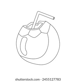 Coconut cocktail, drink decorated with a straw. Black and white vector icon on white background. Handmade coconut drink, cocktail with straw. Summer time, vacation.