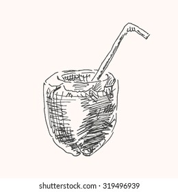 Coconut cocktail drink , in sketch hand drawn style, for celebration, restaurant and bar design
