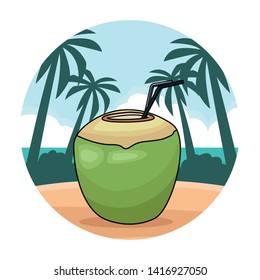 Coconut cocktail drink with straw in beach scenery round background vector illustration graphic design